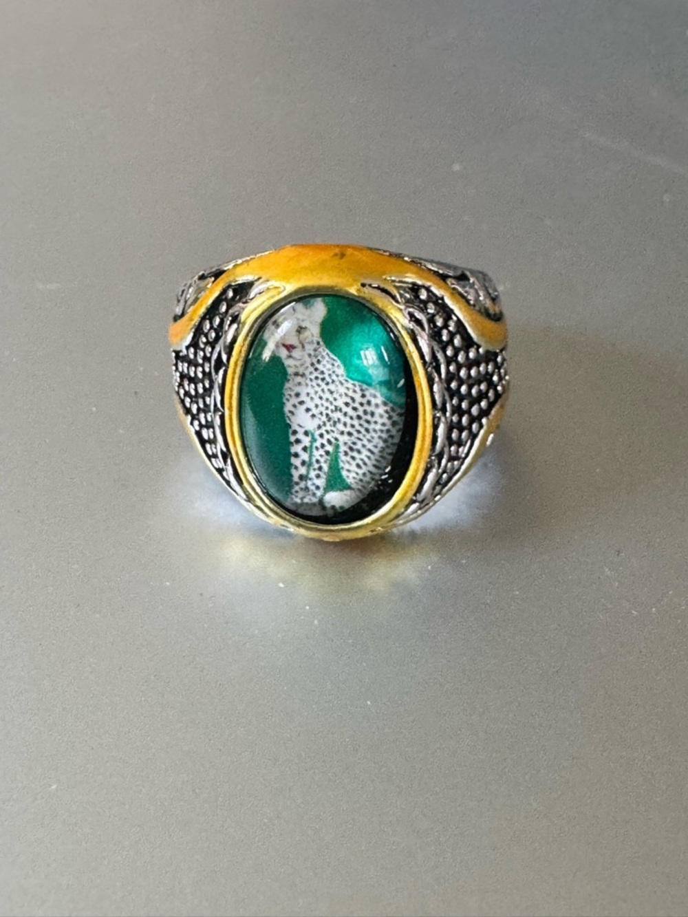 Gold & Silver Statement Ring with Green Cabochon and Leopard Motif sz 7